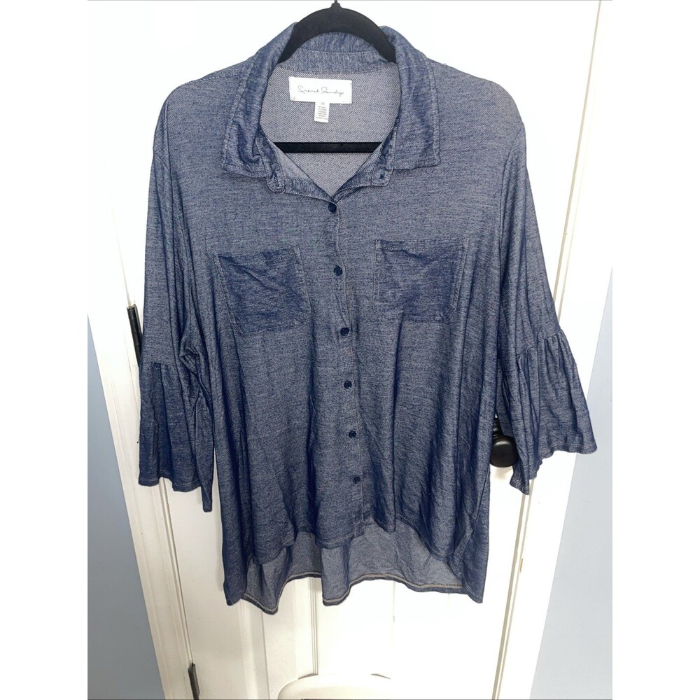 French Laundry Shirt Womens 3X Blue Button Front High Low Tunic 3/4 Sleeve Top